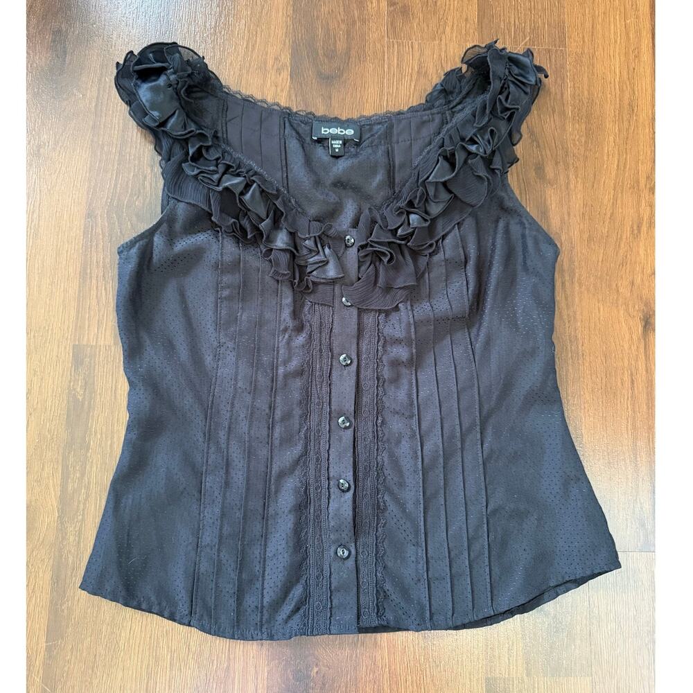 Bebe Y2K Silk Ruffle Button Down Blouse Black Sz M Dark Fairy Grunge Whimsygoth